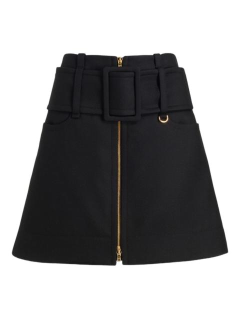 belted zip-front mini skirt