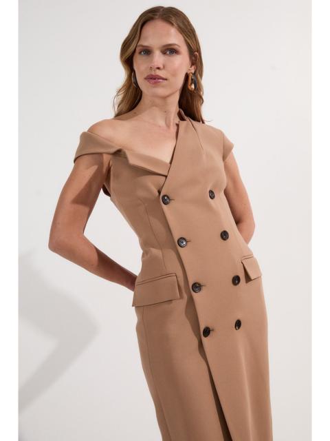 Compact Stretch Asymmetric Collar Tailored Pencil Maxi Dress