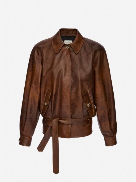 Belted leather jacket in vintage brown
