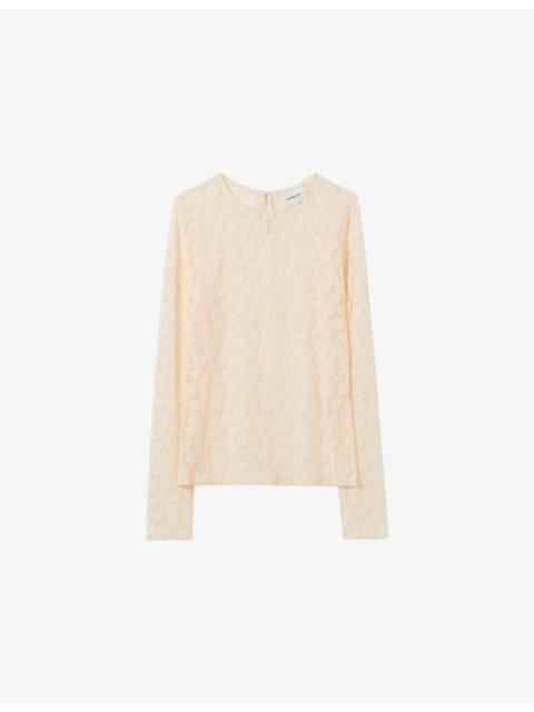 Sheer Lace-Embroidered Stretch-Woven Top