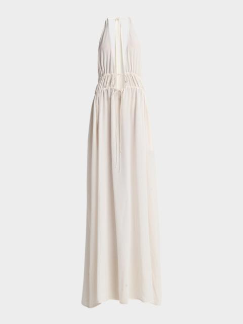 Plunging Tie Halter Crepe De Chine Maxi Dress