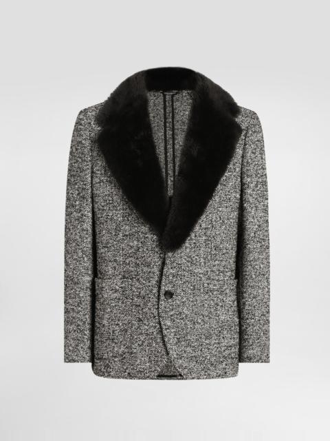 Single-breasted dotted wool jacket with fur collar