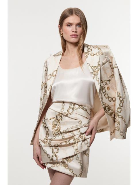 Structured Viscose Satin Chain Print Tailored Ruched Mini Skirt