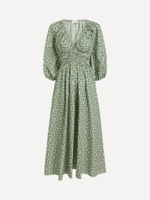 Vetiver Shirred Plunge Midi Dress