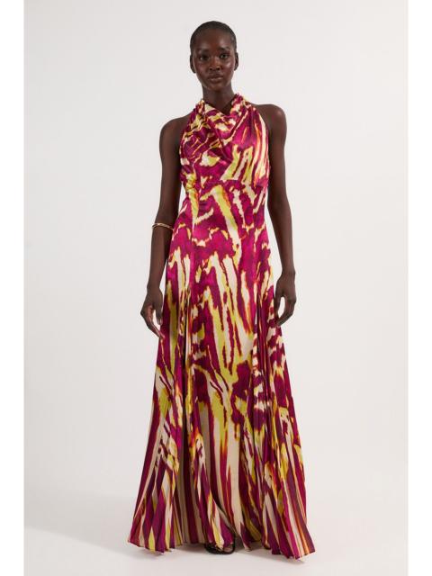 Viscose Satin Border Print Halter Neck Woven Maxi Dress