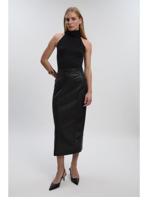 Faux Leather Seam Waist Detail Pencil Midi Skirt