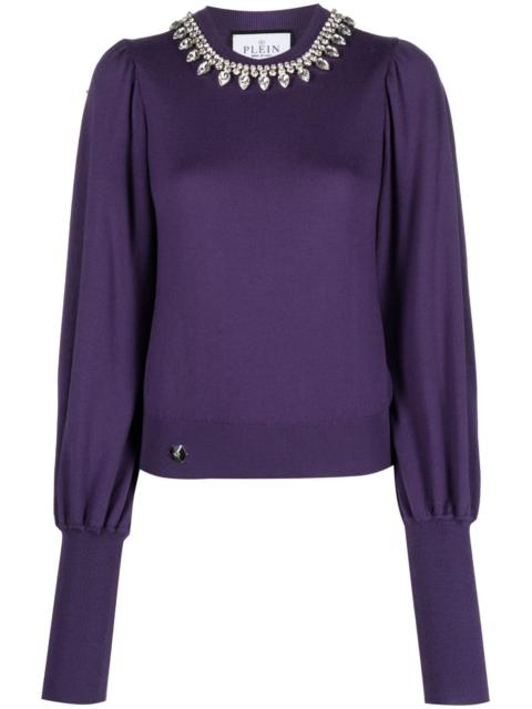 Crystal-embellished wool knitted jumper