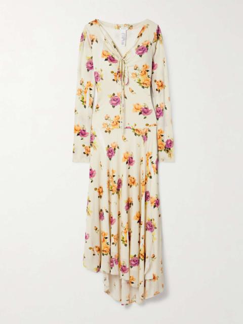 Asymmetric floral-print crepe dress Cream