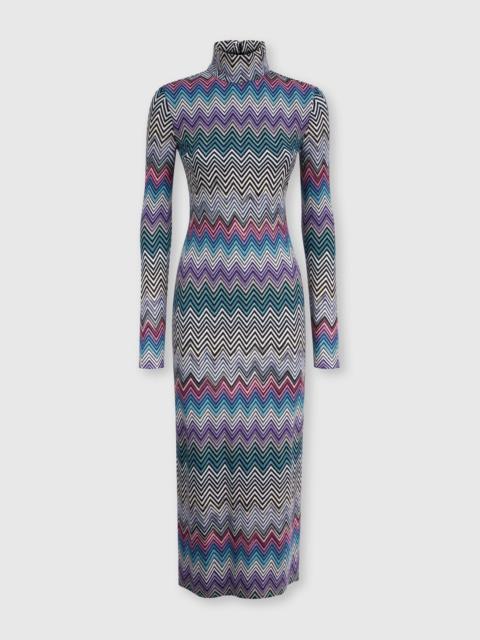 Long turtleneck dress in zig zag wool