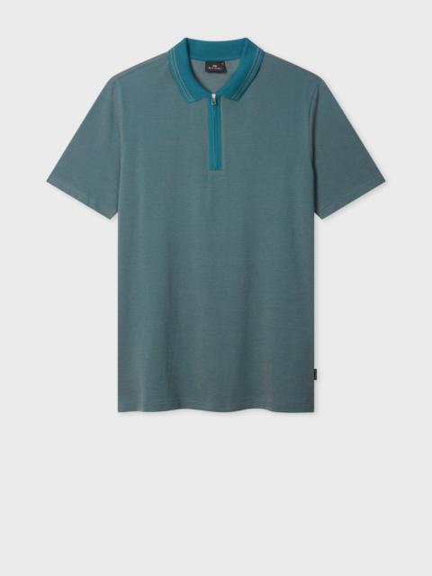 Teal Cotton Jacquard Zip-Neck Polo Shirt