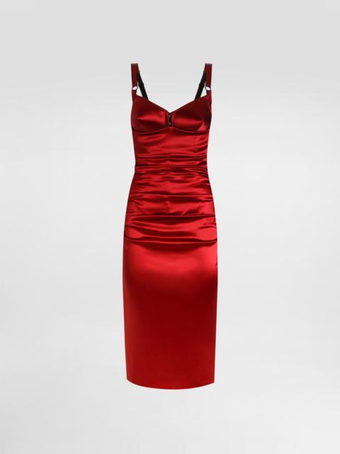 Draped satin calf-length dress with conical cups