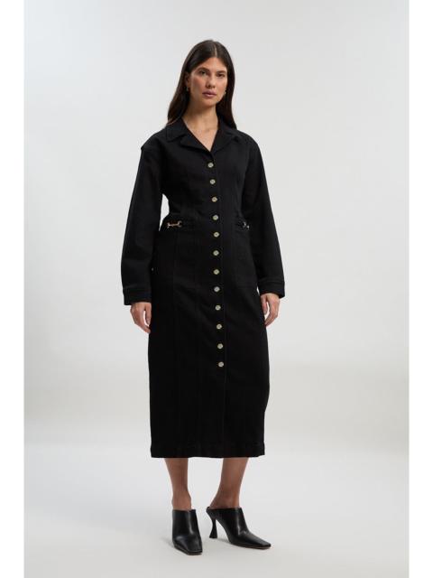 Denim Collared Pencil Midi Dress