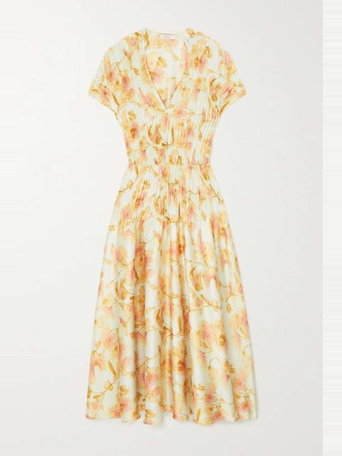 Pleated floral-print satin midi dress