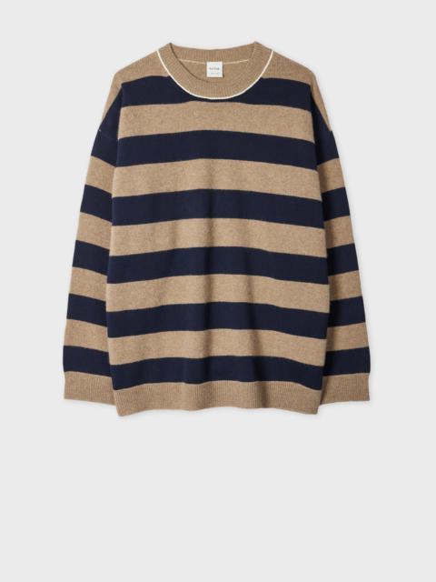Women's Navy and Oatmeal Lambswool-Blend Striped Sweater