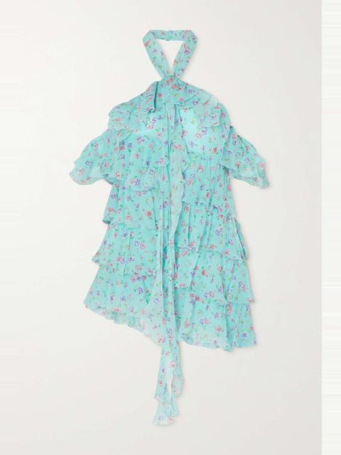 Violet ruffled floral-print silk-georgette halterneck mini dress