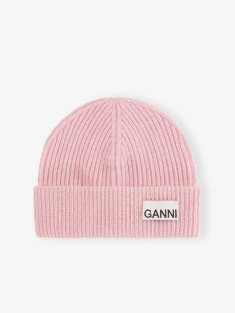 LIGHT PINK FITTED RIB KNIT WOOL BEANIE