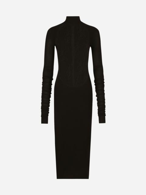 Jersey calf-length dress with Chantilly lace insert