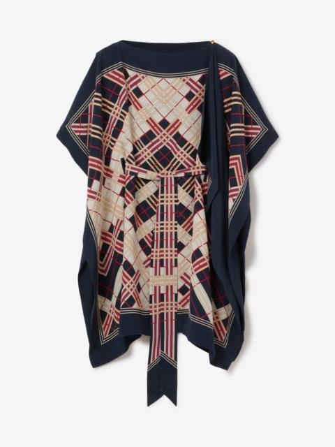 Abstract Check Print Silk Belted Cape