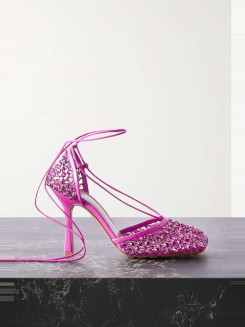 Leather-trimmed crystal-embellished woven pumps