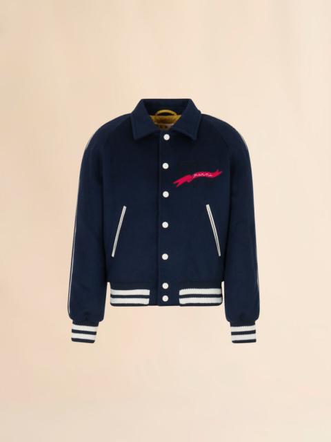 DEEP BLUE FELT BOMBER JACKET WITH EMBROIDERED MARNI FLAG PATCH