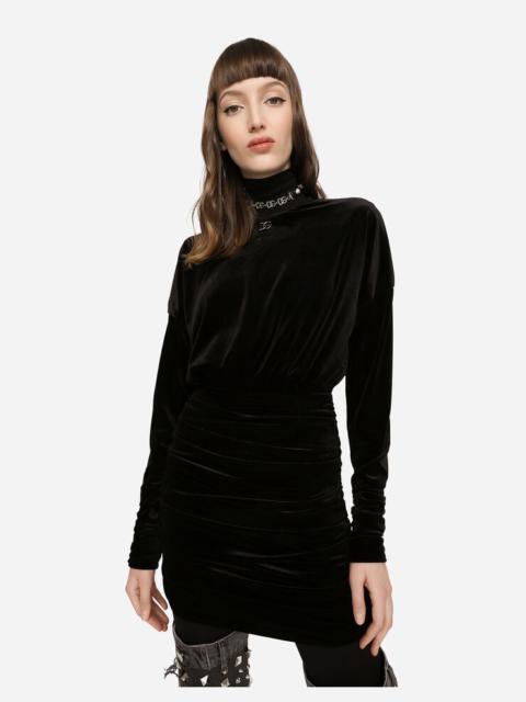 Short draped velvet dress with DG logo