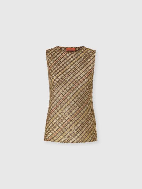 Criss-cross tartan crew neck top