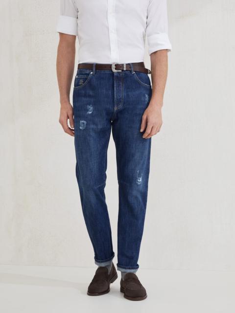 Lightweight denim leisure fit five-pocket trousers with rips