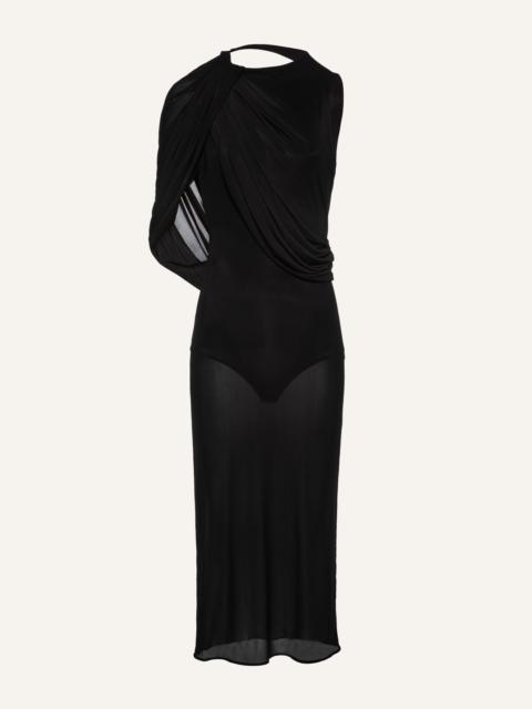 Asymmetrical draped midi dress in black