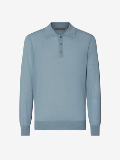 Light blue long sleeve cashmere and silk polo shirt