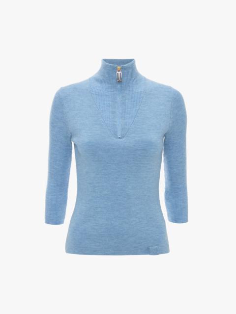 Half Zip Short Sleeve Knitted Top In Bluebell