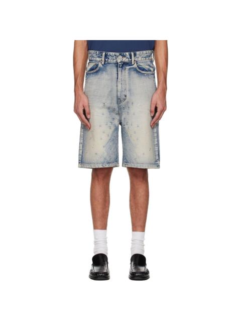 Blue Embroidery Washed Denim Shorts