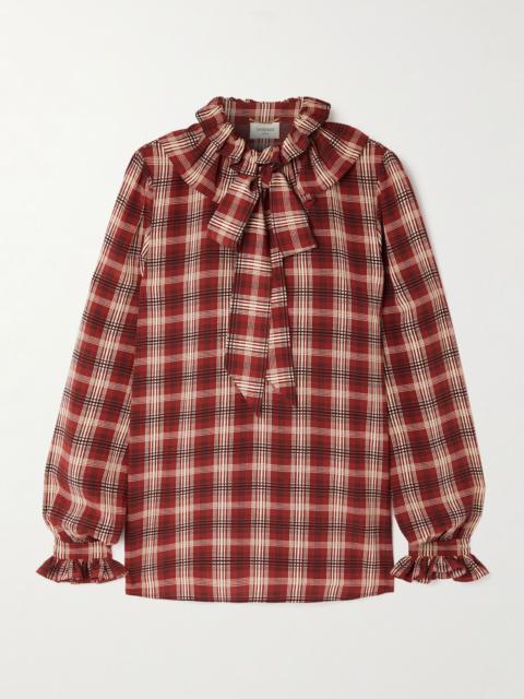 Pussy-bow ruched checked silk blouse Red