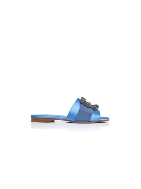 Blue Satin Jewel Buckled Flat Sandals