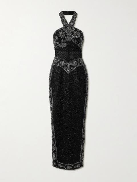 Cyndi Cutout Embellished Mesh Halterneck Gown