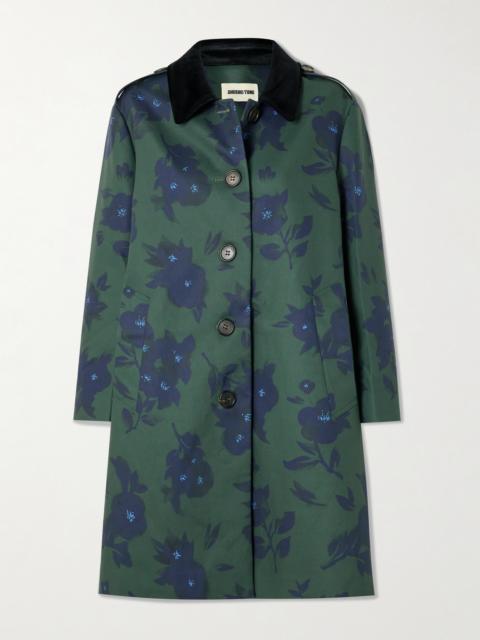 Velvet-trimmed Floral-print Woven Trench Coat
