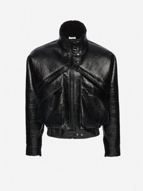 Shearling bomber jacket in black patent leather