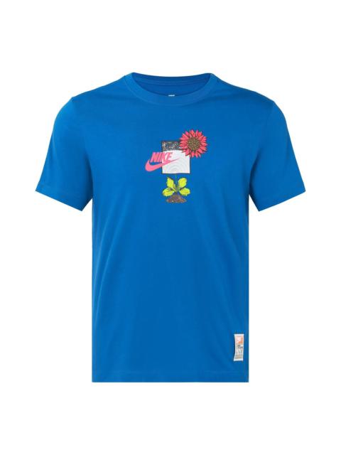 Men's Nike Logo Plant Flowers Pattern Printing Round Neck Casual Short Sleeve Sky Blue T-Shirt DQ103