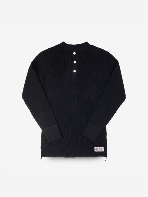 WAFFLE KNIT LONG SLEEVED THERMAL HENLEY - BLACK