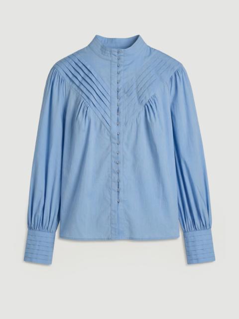 Plus Size Cotton Pleated High Neck Balloon Sleeve Woven Blouse