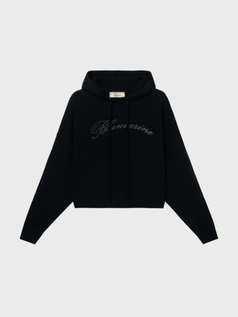 WOOL HOODED SWEATER WITH RHINESTONE LOGO