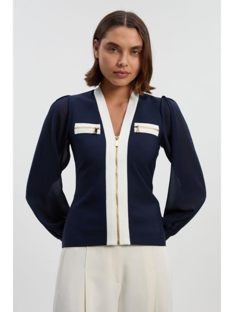 Chiffon Sleeve Zip Through Bandage Knit Top