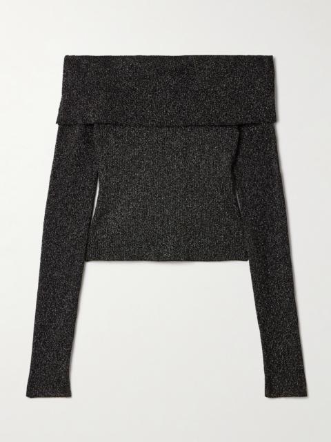 Crush Off-the-shoulder Cropped Metallic Stretch-knit Top