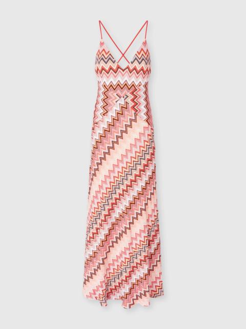 Long patchwork dress with zig zag pattern and crossed straps