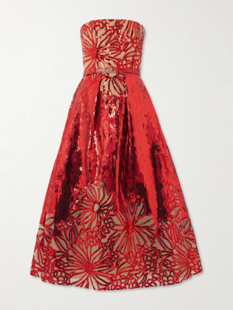 Belted Strapless Pleated Embroidered Sequined Tulle Midi Dress