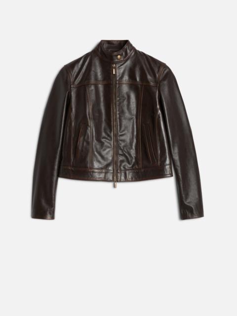 CROPPED BIKER JACKET in Leather Vintage Brown