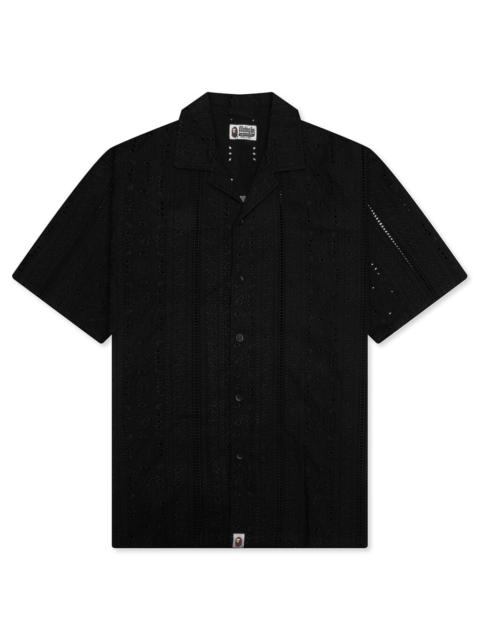 EMBROIDERY OPEN COLLAR S/S SHIRT - BLACK