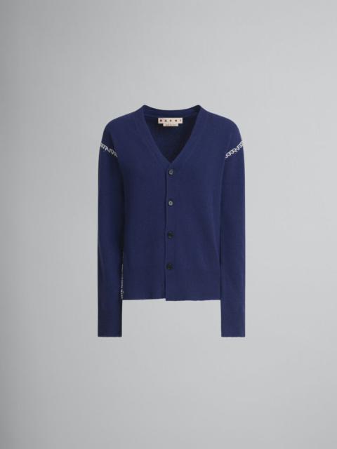BLUE WOOL-CASHMERE CARDIGAN WITH MARNI MENDING