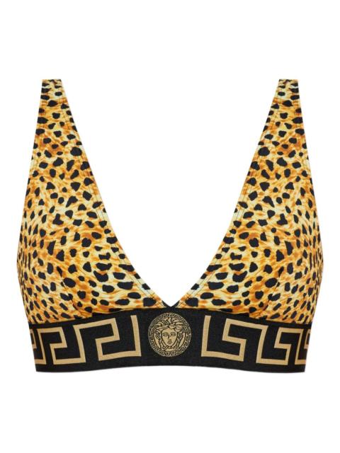 Greek-key leopard-print bikini top