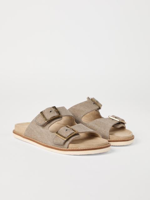 Délavé canvas and suede slides with buckles