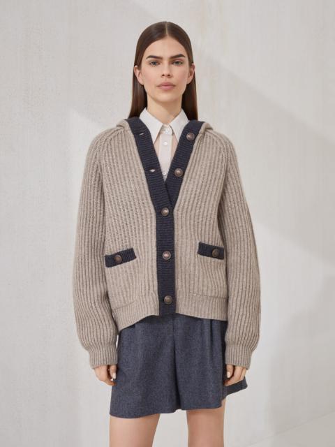 English rib hooded cardigan in cashmere Feather yarn with metal buttons